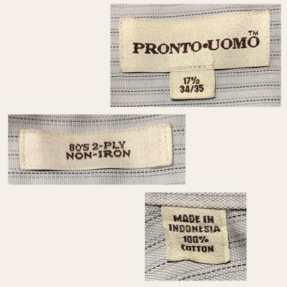 Pronto Uomo blue pinstripe button-down shirt, size 17.5 EUC - Picture 3 of 3